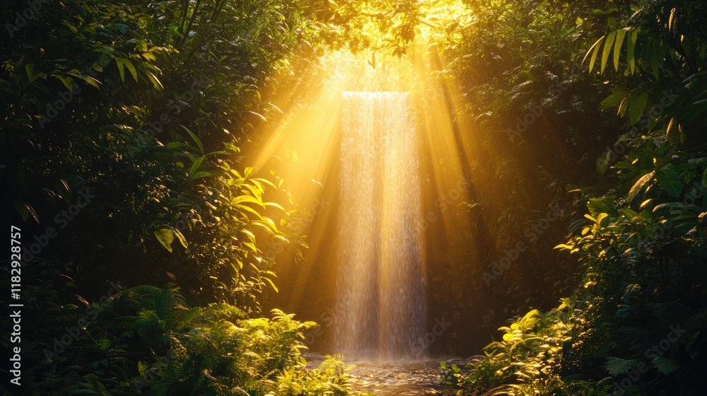 Poster a mystical forest scene with a portal hidden among lush vegetation, illuminated by sunbeams and acco