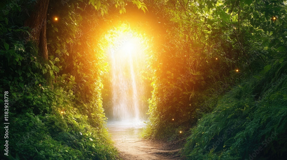 Poster a mystical forest scene with a portal hidden among lush vegetation, illuminated by sunbeams and acco