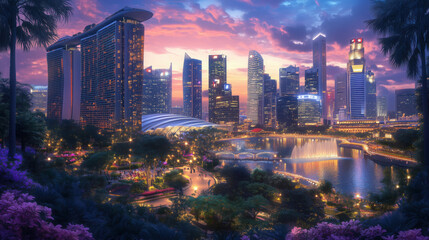 Obraz premium Photorealistic Singapore Cityscape with Marina Bay Sands, Modern Skyscrapers, and Twilight Gardens