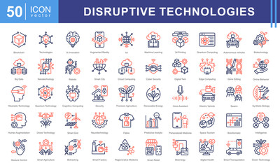 Disruptive Technologies icon set with ai, innovation, blockchain, augmented reality, internet of things, machine learning, 3d printing, quantum computing, autonomous vehicle, and biotechnology.