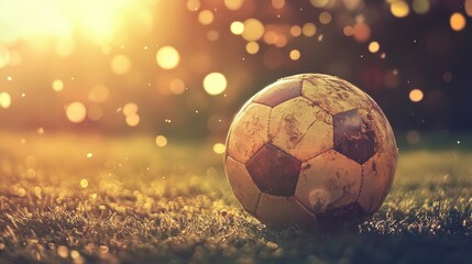 Fototapeta premium A nostalgic vintage soccer ball on a sunlit field, with bokeh lights in the background, bringing a classic and playful feel to the scene.