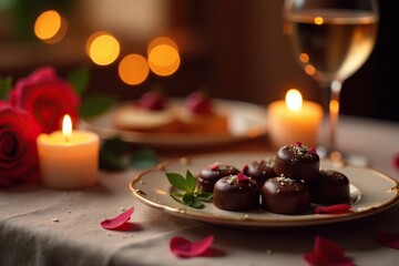 Obraz premium Romantic dinner setup with candles and chocolates, cozy, warm, ambiance