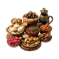 A Variety of Historical Islamic Foods for Iftar Arranged in a Circle Isolated on Transparent Background