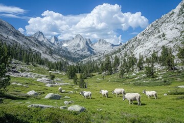 Fototapeta premium A group of mountain goats grazing on a green alpine meadow, framed by rocky peaks