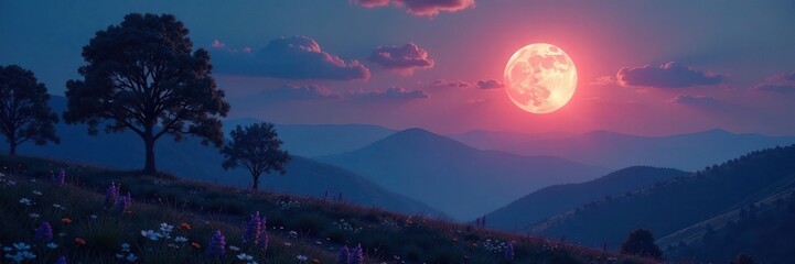 Silvery moonlight illuminates a serene landscape at dusk, , shadows, landscape