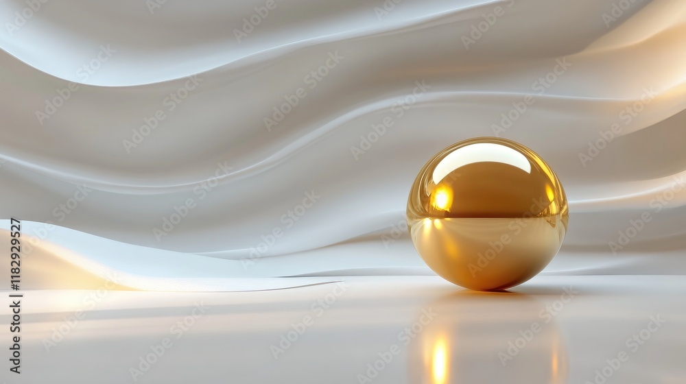 Poster a polished golden sphere gracefully placed on a white wavy backdrop, reflecting light and creating a