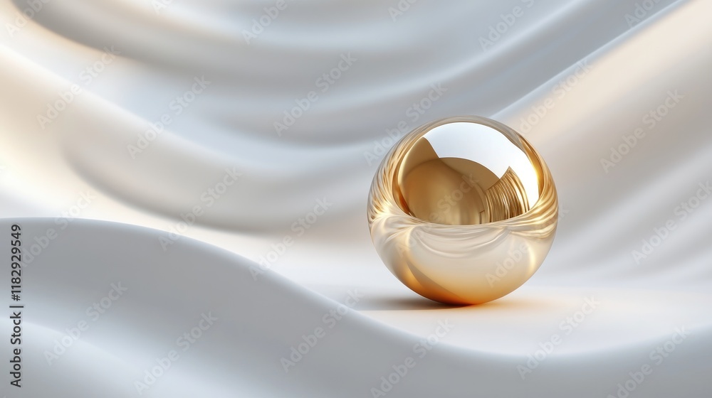 Poster a polished golden sphere gracefully placed on a white wavy backdrop, reflecting light and creating a