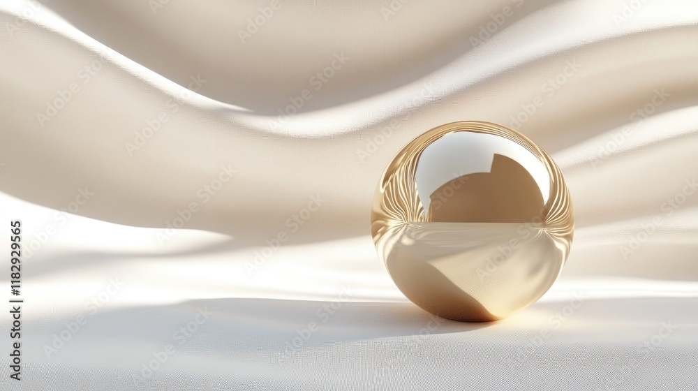 Poster a polished golden sphere gracefully placed on a white wavy backdrop, reflecting light and creating a