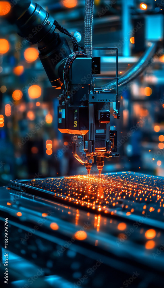 Poster high tech robotic arm performing precision work in factory setting