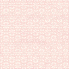 Soft pink seamless pattern with delicate baroque floral motifs. Ideal for wallpaper, textiles, romantic backgrounds, and elegant decorative designs.