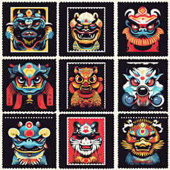 Colorful mythical creature stamps in grid, each with unique designs