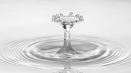 Water droplet impact, creating a crown splash and concentric ripples.