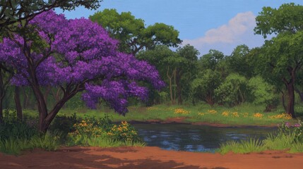Purple Jacaranda Tree by Serene River Landscape