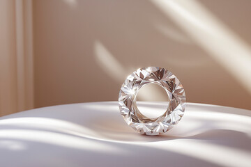 round diamond engagement ring against beige background. gift for Valentines, Women's day. present for wedding. luxury ring. jewelry	