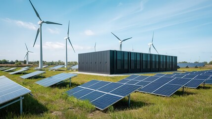 Solar panels and wind turbines in a field with wind turbines in the background. made with generative Ai
