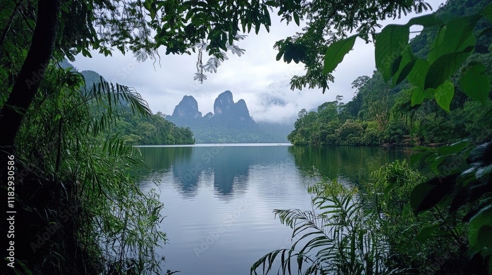 Poster a scenic view of three distinct rocks in the tranquil waters of cheow lan lake, framed by the lush j