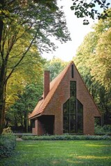 Obraz premium Modern brick house surrounded by lush greenery in a tranquil forest setting