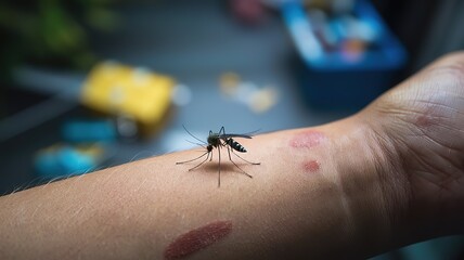 Obraz premium mosquito on the human skin, closeup of a mosquito. made with generative Ai 