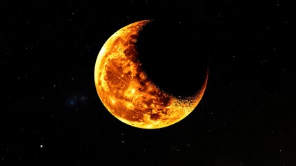 Fiery crescent moon in dark space.