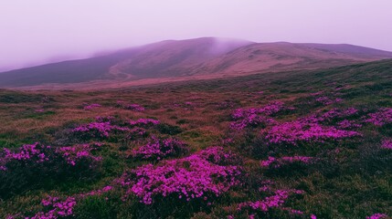 Obraz premium Purple Rhododendron Blooms on Misty Mountainside