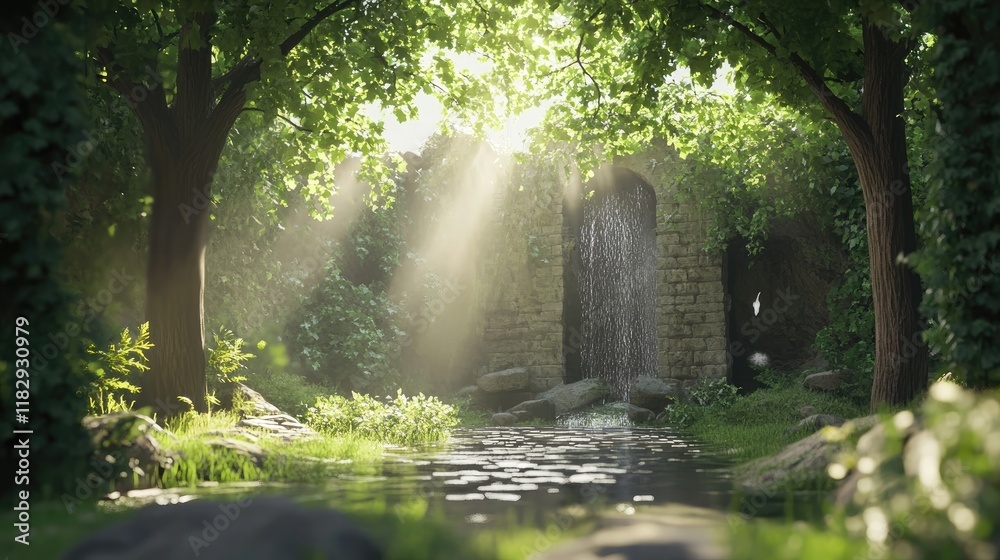 Poster a serene enchanted forest portal with dense greenery and a sunlit waterfall, inviting a sense of mag