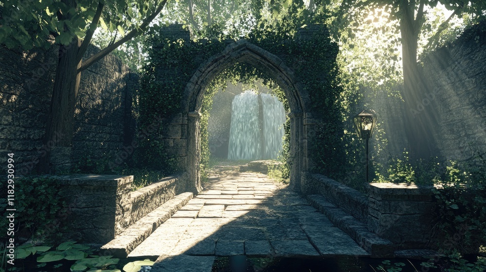 Aufkleber a serene enchanted forest portal with dense greenery and a sunlit waterfall, inviting a sense of mag
