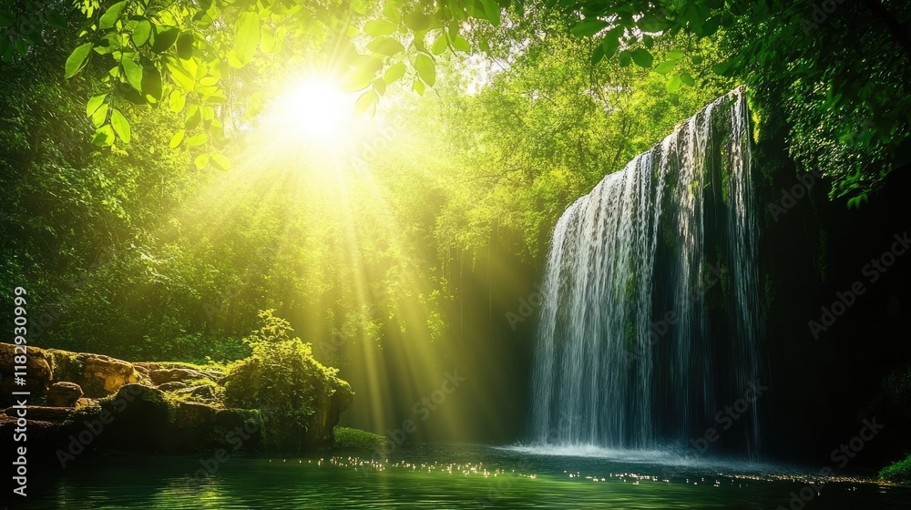 Poster a serene enchanted forest portal with dense greenery and a sunlit waterfall, inviting a sense of mag