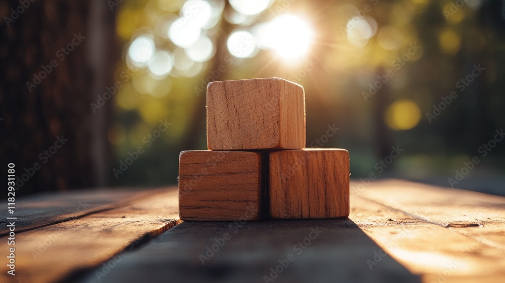 Poster a serene scene of rustic wooden blocks stacked in soft sunlight, placed on a wooden table, emphasizi