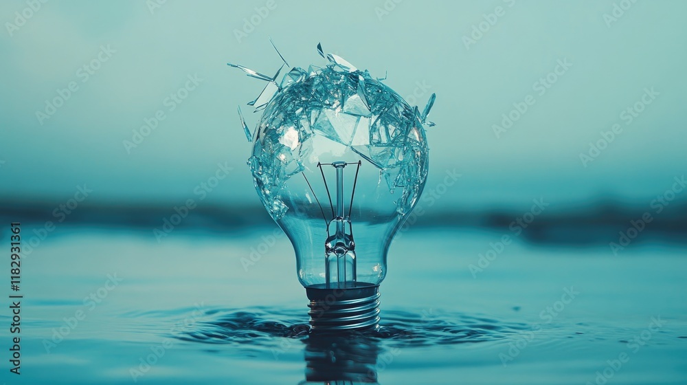 Poster A shattered light bulb on a serene blue backdrop, representing a blend of destruction and innovation in a simple yet powerful visual.