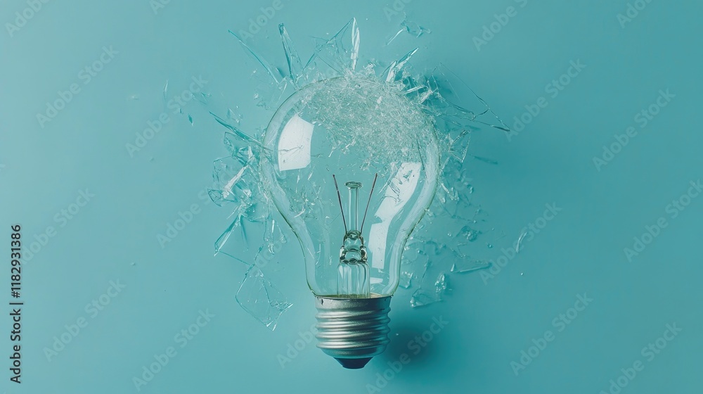 Poster A shattered light bulb on a serene blue backdrop, representing a blend of destruction and innovation in a simple yet powerful visual.