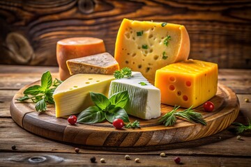 Fresh Cheese Slices on Wooden Board: Gourmet Dairy Product Photography