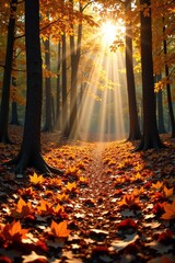 Warm sunlight casts long shadows across a forest floor carpeted with fallen leaves, warm, leaves