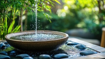 A soothing Japanese garden scene with a fountain, bamboo water feature, and zen stones, creating a perfect atmosphere for relaxation and meditation.