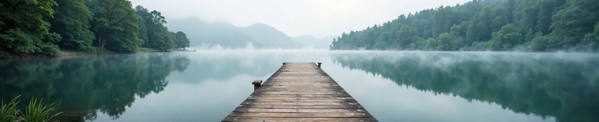 Fototapeta premium Wooden pier extending into a still lake with surrounding trees and mist, tree, calm, border
