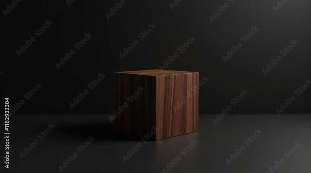 Poster dark wood cube on a dark surface a minimalist product display
