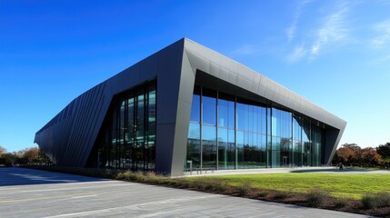 A striking modern geometric architectural building standing tall against a clear blue sky, highlighting bold lines and contemporary design.