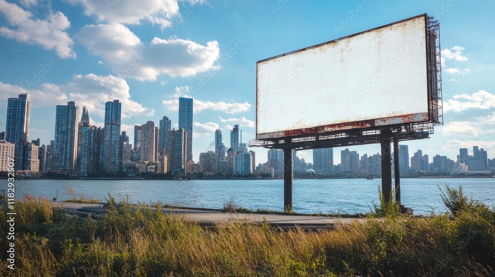 Poster A striking view of an urban skyline with a large blank billboard over the waterfront, offering a blend of modern architecture and space for creative advertisements.
