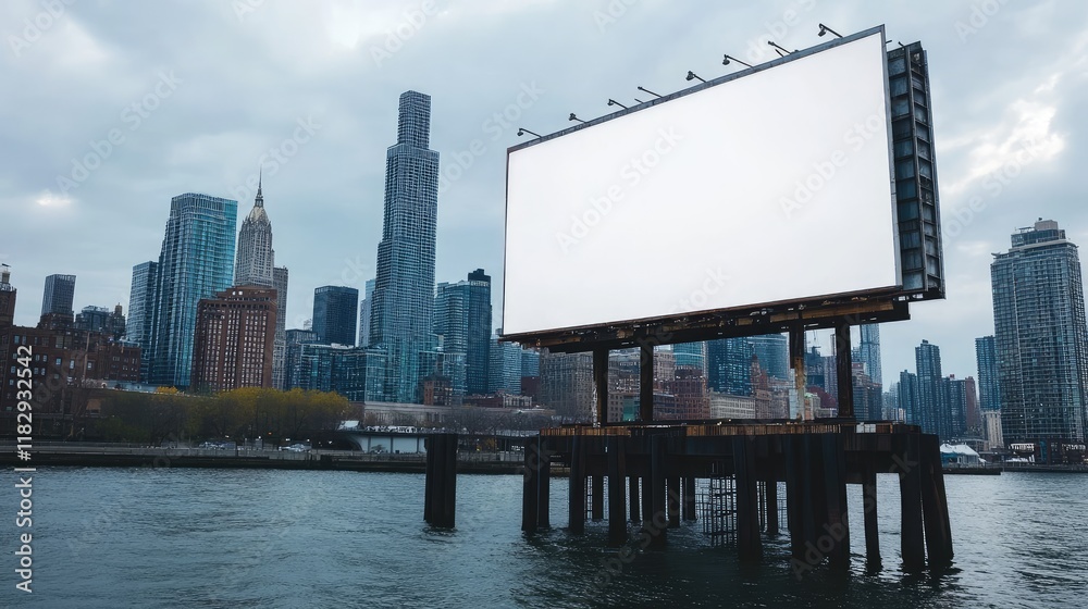 Poster A striking view of an urban skyline with a large blank billboard over the waterfront, offering a blend of modern architecture and space for creative advertisements.