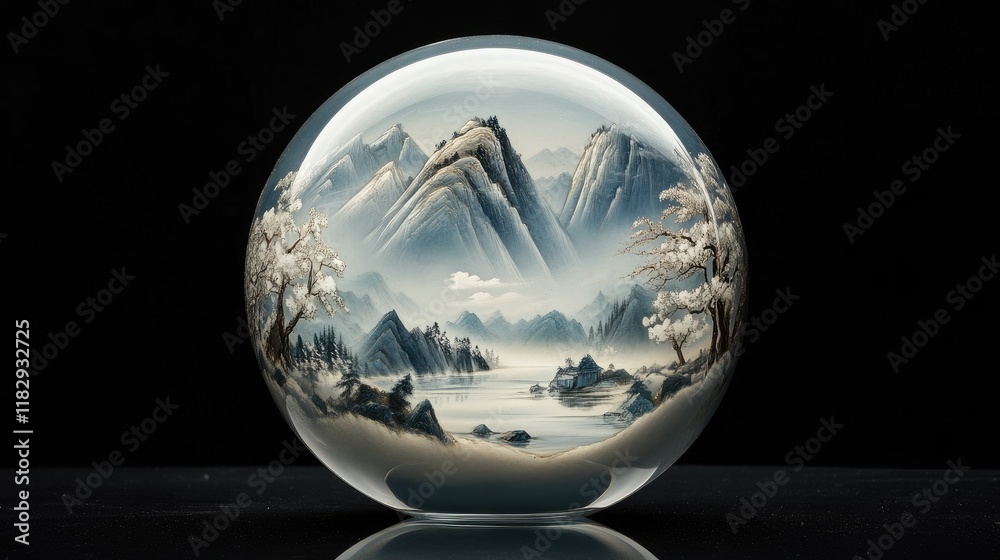 Poster a stunning crystal sphere that captures the reflection of snow-capped mountains and serene natural l