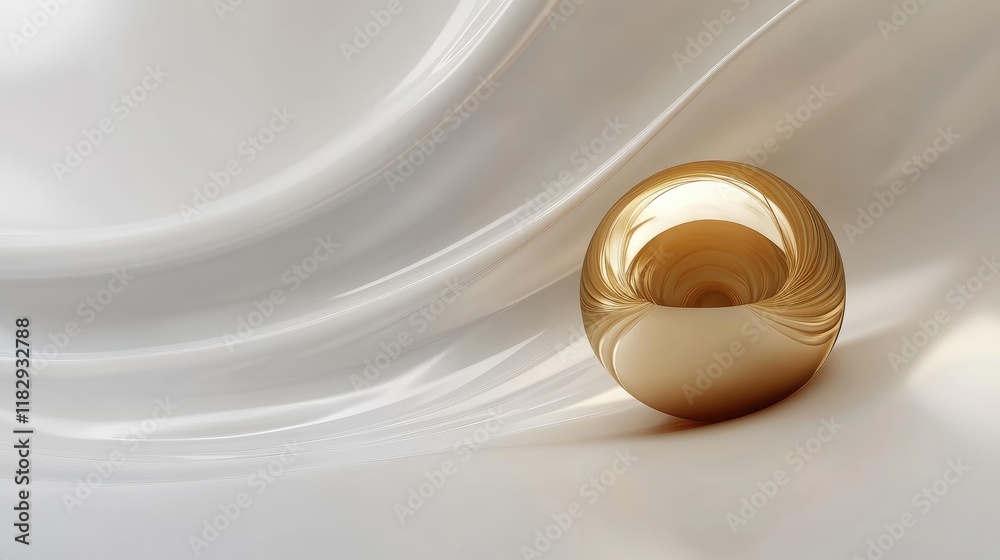 Poster a stunning golden sphere set against a smooth wavy white background, creating a refined and artistic