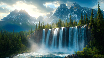Fototapeta premium Majestic Waterfall in Mountain Landscape: Serenity and Power of Nature