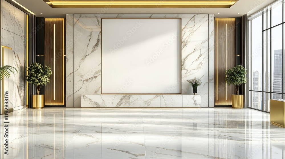Poster a stylish marble room with a blank canvas and gold detailing, offering a sophisticated setting for m