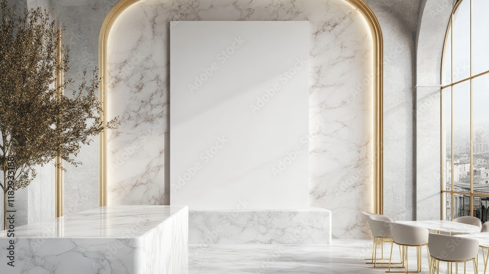 Poster a stylish marble room with a blank canvas and gold detailing, offering a sophisticated setting for m