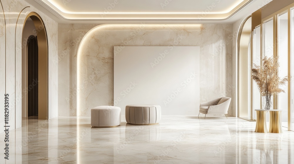Poster a stylish marble room with a blank canvas and gold detailing, offering a sophisticated setting for m