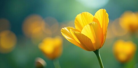 Colorful petals unfolding from a small green stem, yellow flowers, flower stems