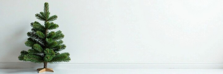 Decorated evergreen tree against a cold white wall, vintage, soft