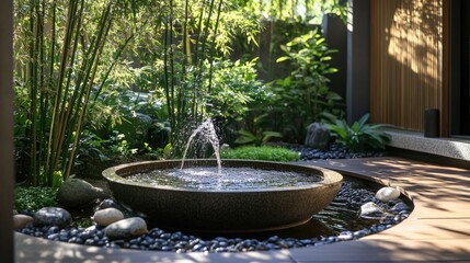A tranquil Japanese garden featuring a peaceful fountain with a bamboo water feature, surrounded by zen stones for a serene, calming atmosphere.