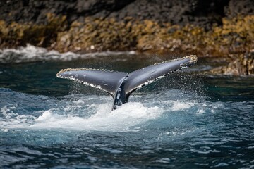 Obraz premium A humpback whale tail disappearing into the ocean as it dives beneath the surface