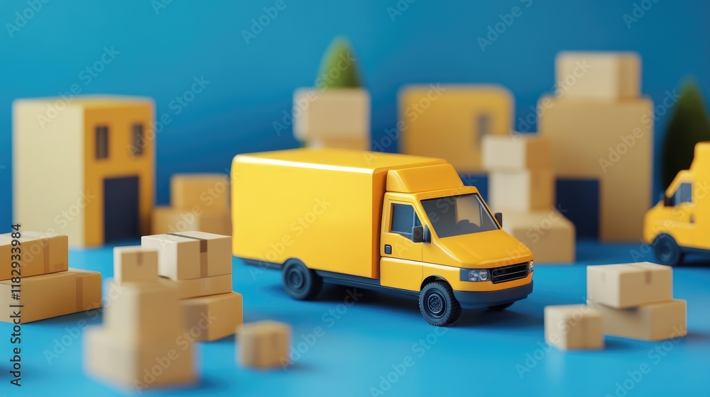 Poster A vibrant scene with yellow delivery vans and cardboard boxes, emphasizing the dynamic nature of shipping and logistics against a blue backdrop.