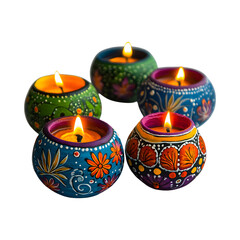 Colorful Painted Lanterns with Traditional Rangoli Designs Isolated on Transparent Background